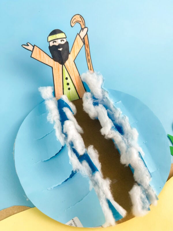 Close-up of the figure with arms raised, standing above the parted water craft, on a blue background.