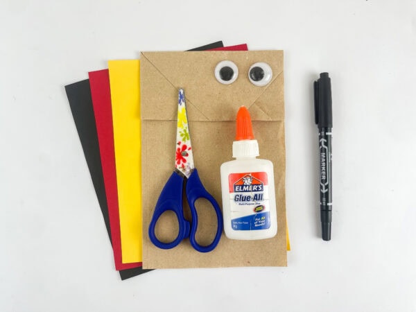 supplies for King Solomon Bible craft for kids paper bag construction paper black yellow red googly eyes scissors glue marker