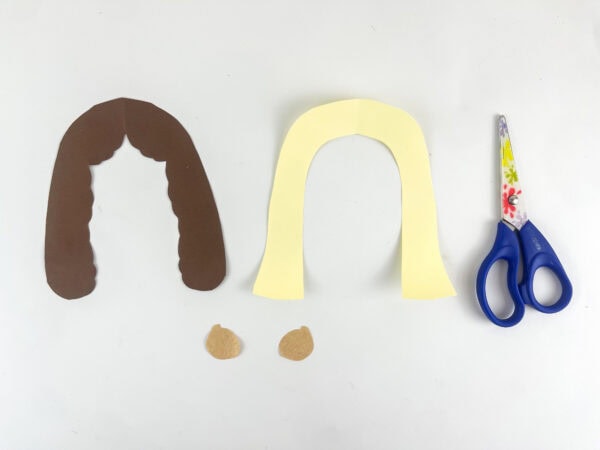 Deborah Bible craft cream veil brown hair and hand pieces cut from construction paper for paper bag puppet
