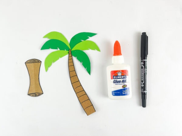 completed palm tree assembled with kraft trunk and two shades of green fronds and completed scroll with spiral ends
