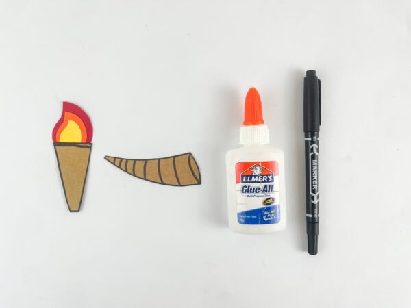completed Gideon torch and ram's horn with black marker detail lines Bible craft for kids

