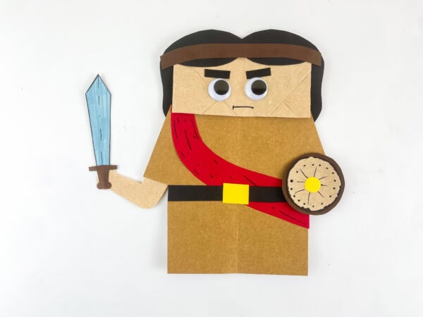 Finished Joshua paper bag puppet craft.