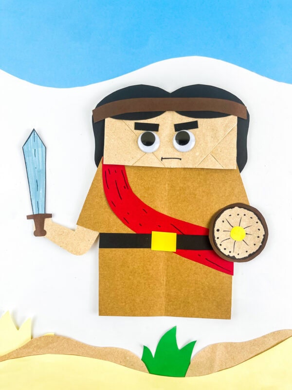 Joshua Bible craft for kids holding a sword and shield.