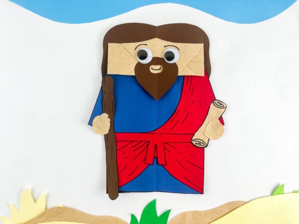 Ezekiel Bible craft for kids paper bag puppet with staff and scroll free printable template Sunday school VBS