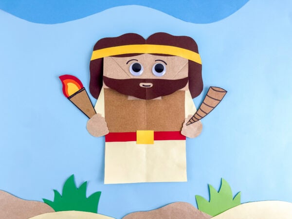 Gideon Bible craft for kids paper bag puppet with torch and horn free printable template Sunday school VBS

