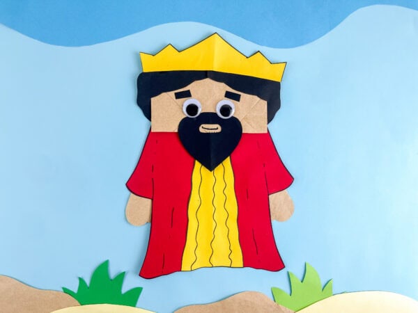 King Solomon Bible craft for kids paper bag puppet with golden crown and royal robe free printable template Sunday school VBS