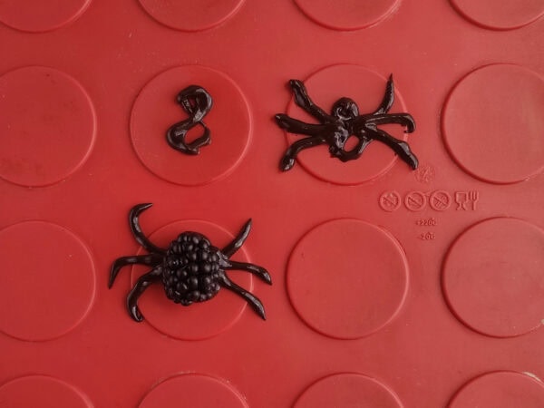 Chocolate spider shapes with blackberry bodies.
