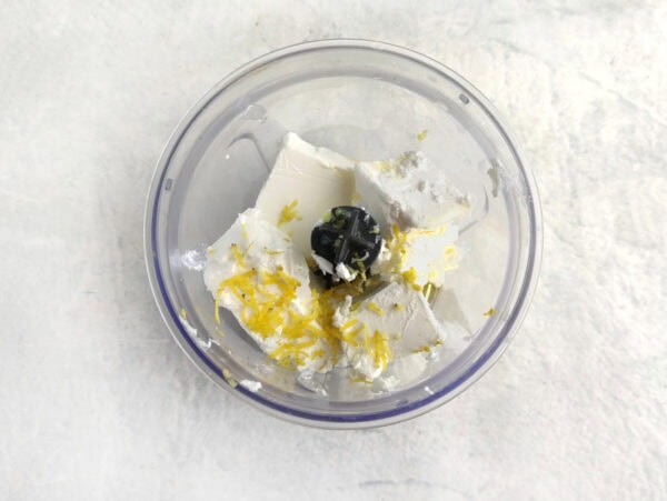 Cream cheese blended with lemon zest, olive oil, salt, and pepper