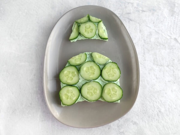 Cucumber slices arranged over spinach cream cheese to create turtle shells