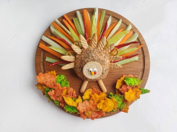 Finished Thanksgiving turkey cheese ball charcuterie board ready to serve