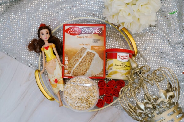 Ingredients for a Princess Belle cake with boxed cake mix