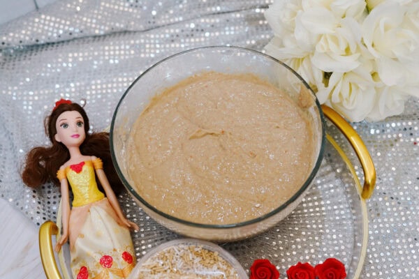 Boxed cake batter prepared in an oven-safe glass bowl