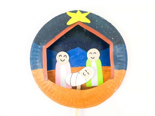 Completed paper plate nativity with Baby Jesus added inside