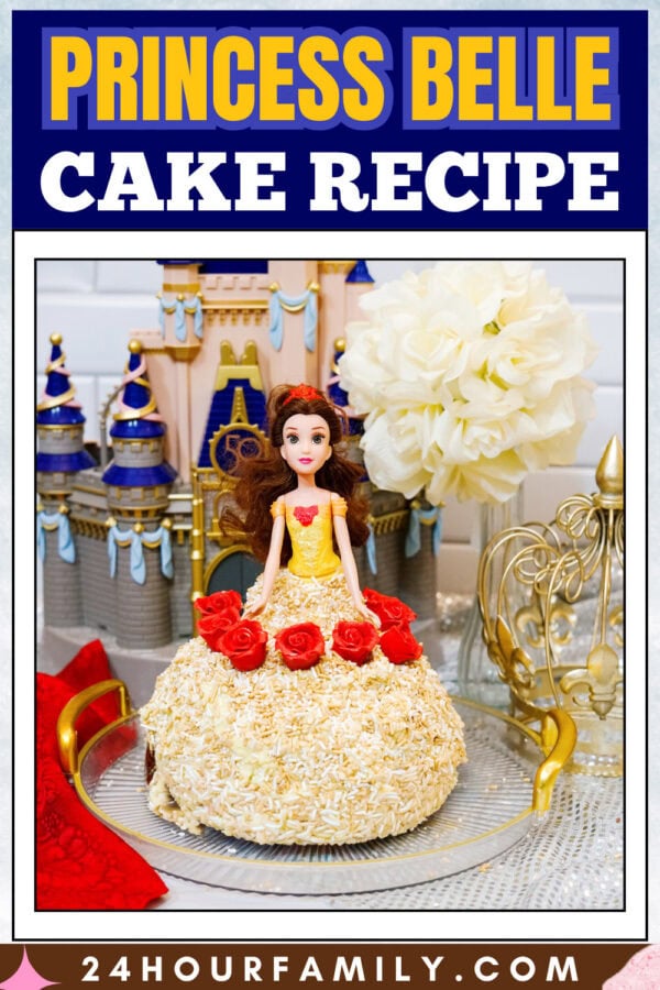 Simple Princess Belle cake with yellow frosting and red roses