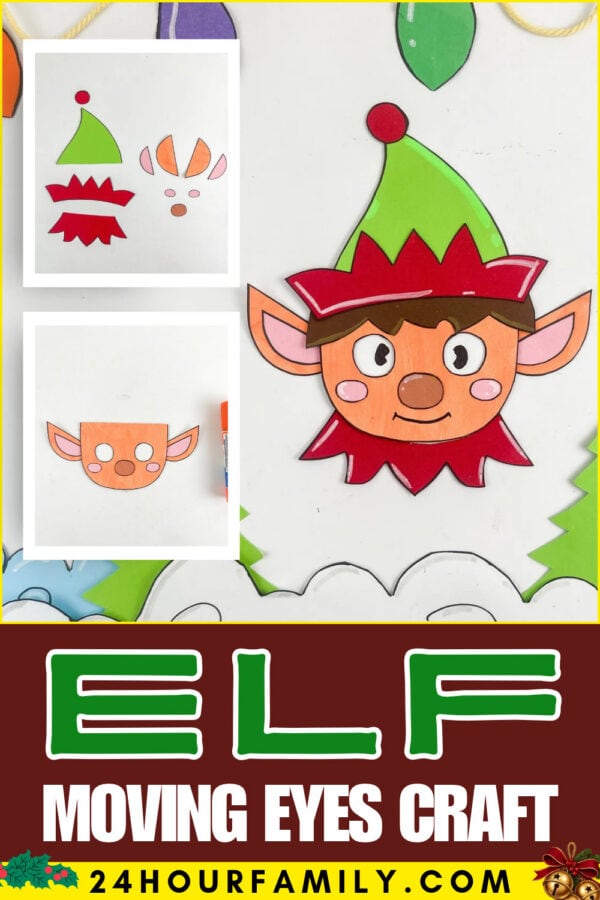 Fun and simple elf moving eyes craft with pointed ears, a green hat, and a red collar.