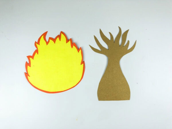 Flame and brown tree craft pieces
