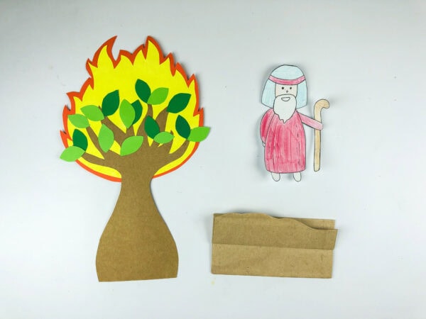 Burning bush, Moses, and paper bag pieces