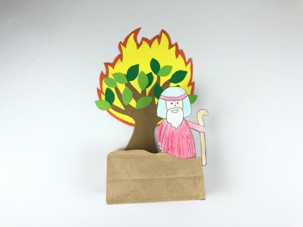 Moses and burning bush attached to paper bag