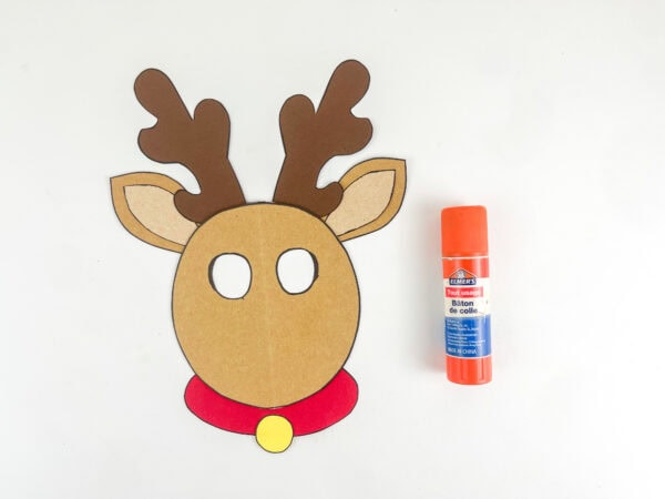 Reindeer face with ears, antlers, collar, and bell attached