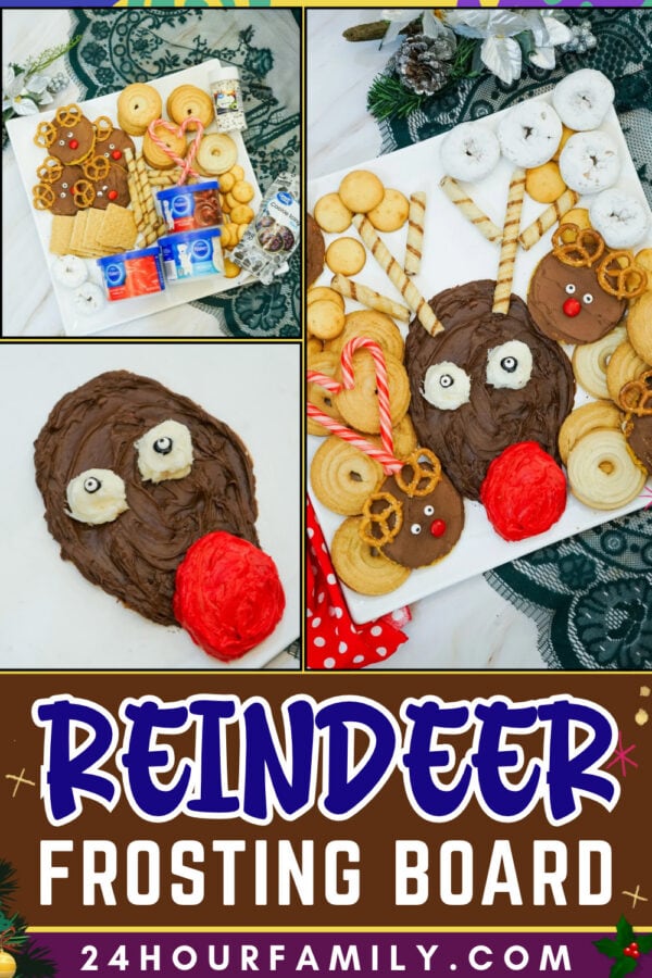 Christmas reindeer frosting board collage featuring Rudolph's chocolate frosting face, red nose, wafer antlers, and assorted holiday snacks.