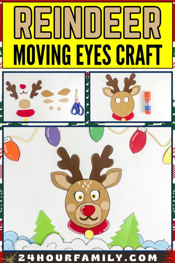 reindeer moving eyes craft with brown antlers, a red nose, and a red collar with a yellow paper bell.